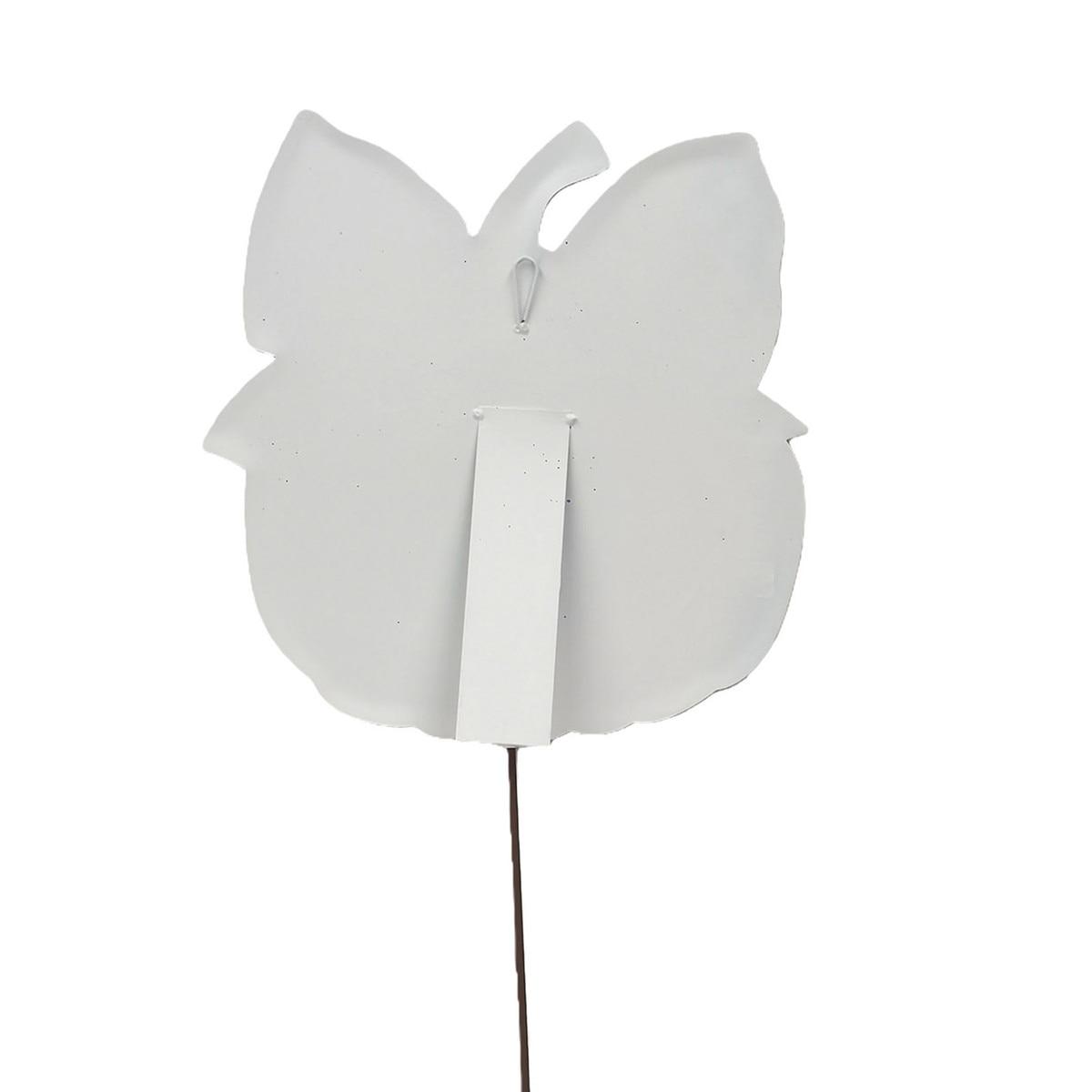 Back view of a Spooky Pumpkin metal garden stake with a white finish and hanging loop.