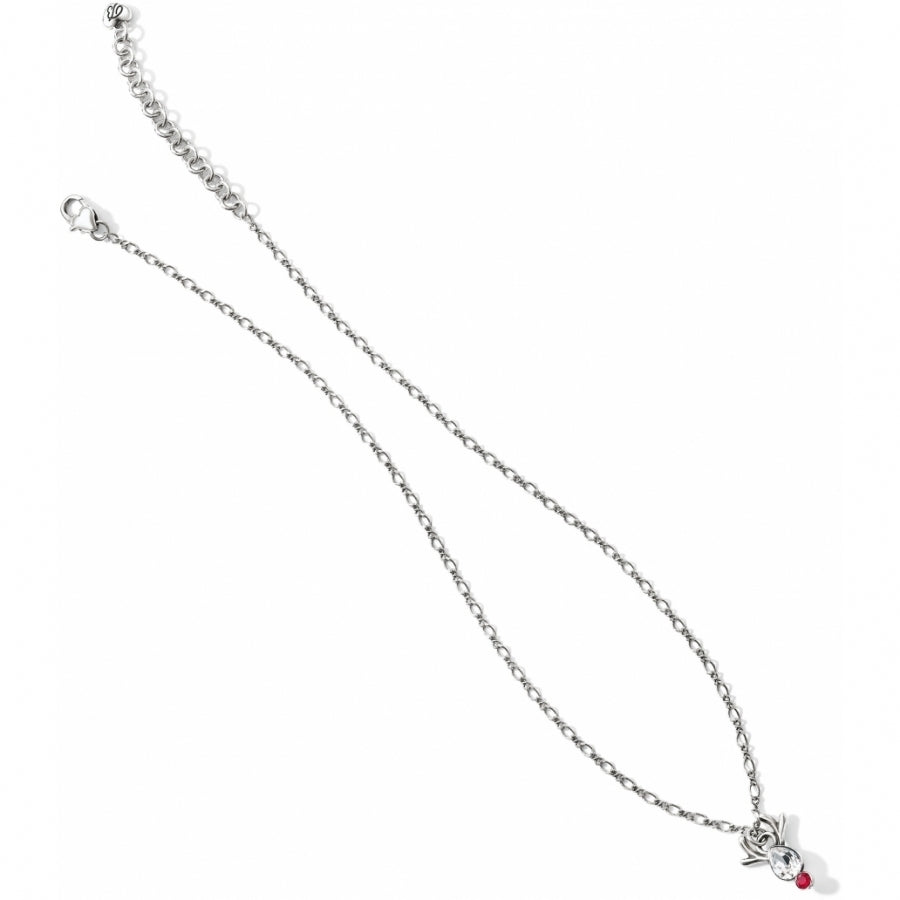 Silver-plated Reindeer Rock Necklace with clear and red crystals on an adjustable chain.