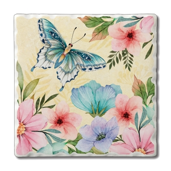 Garden Breeze Tumbled Tile Coaster with watercolor butterfly and floral design on absorbent stone.