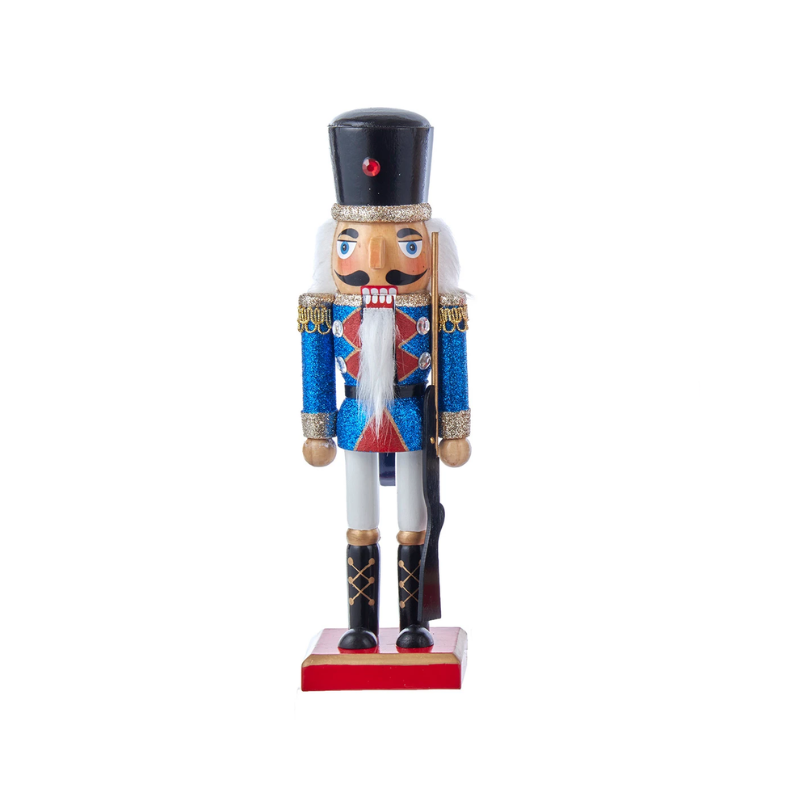 10-inch blue glitter nutcracker soldier with a black hat and rifle on a red base.