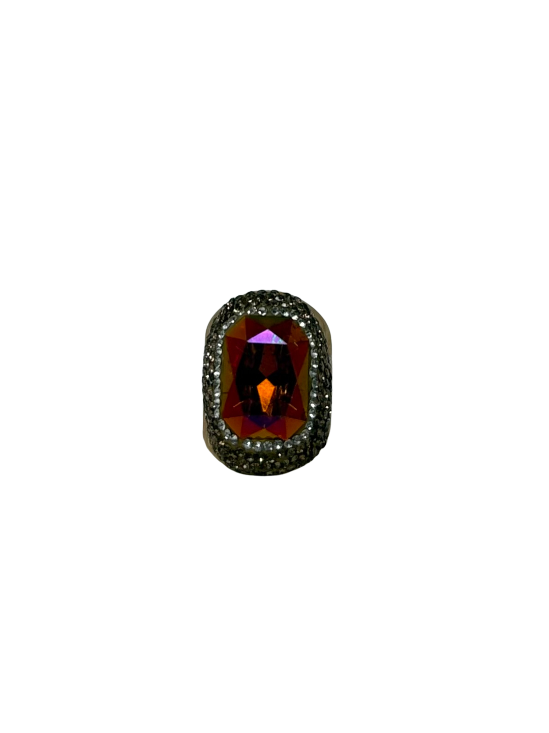 Queen of Sheba fashion ring featuring a large amber-colored faceted stone with a crystal halo.