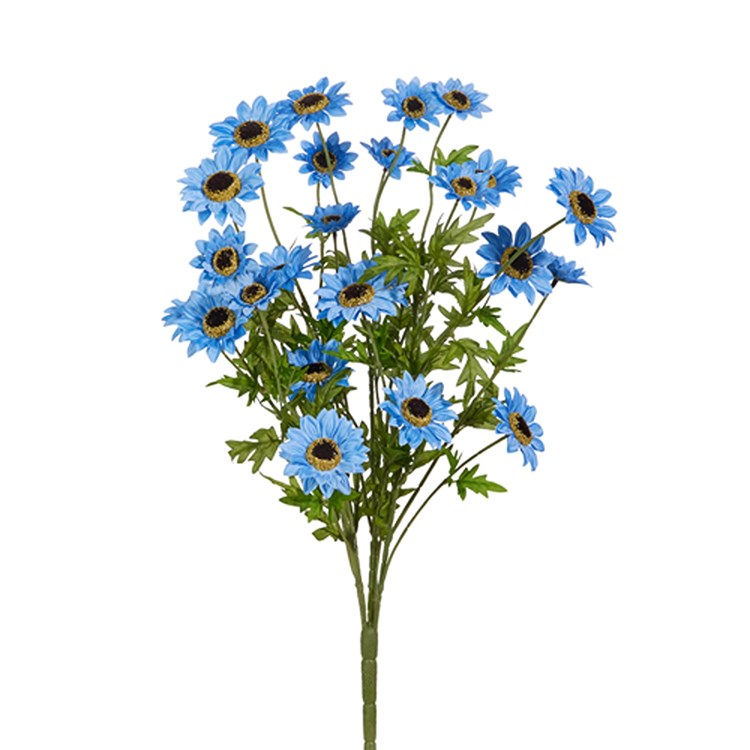25-inch artificial blue Black Eyed Susan spray with multiple flower heads and green leaves.