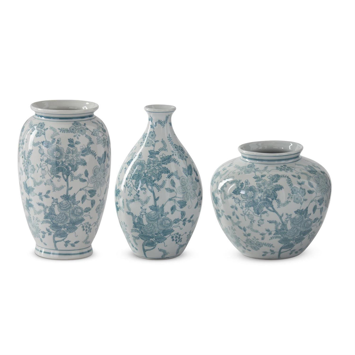Teal porcelain vase with white chinoiserie floral patterns on a classic cylindrical silhouette.