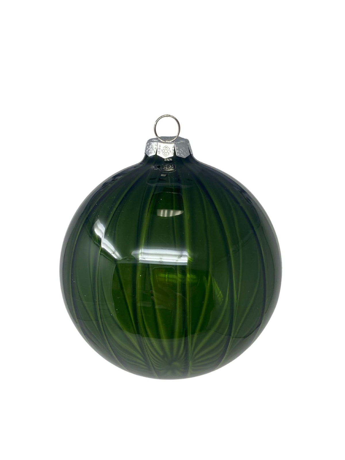 Clear glass ball ornament with vertical stripe detailing