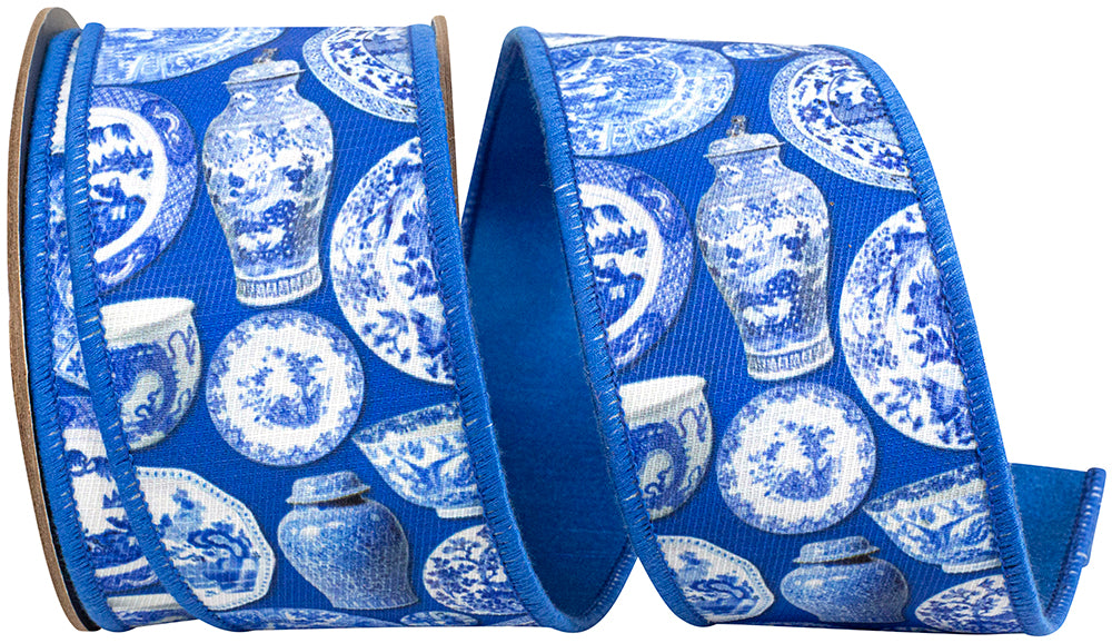 2.5 inch blue twill wired ribbon with white chinoiserie ceramic plate and vase patterns.