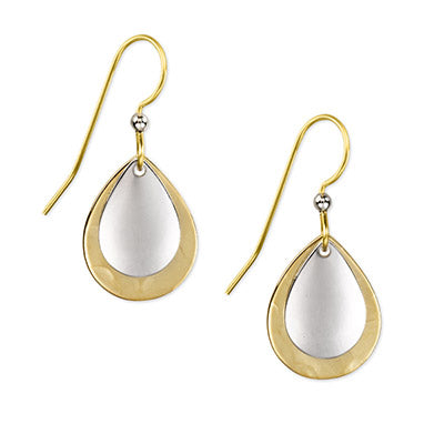 Two-tone layered teardrop earrings with gold-tone outer and silver-tone inner drops on hook wires.