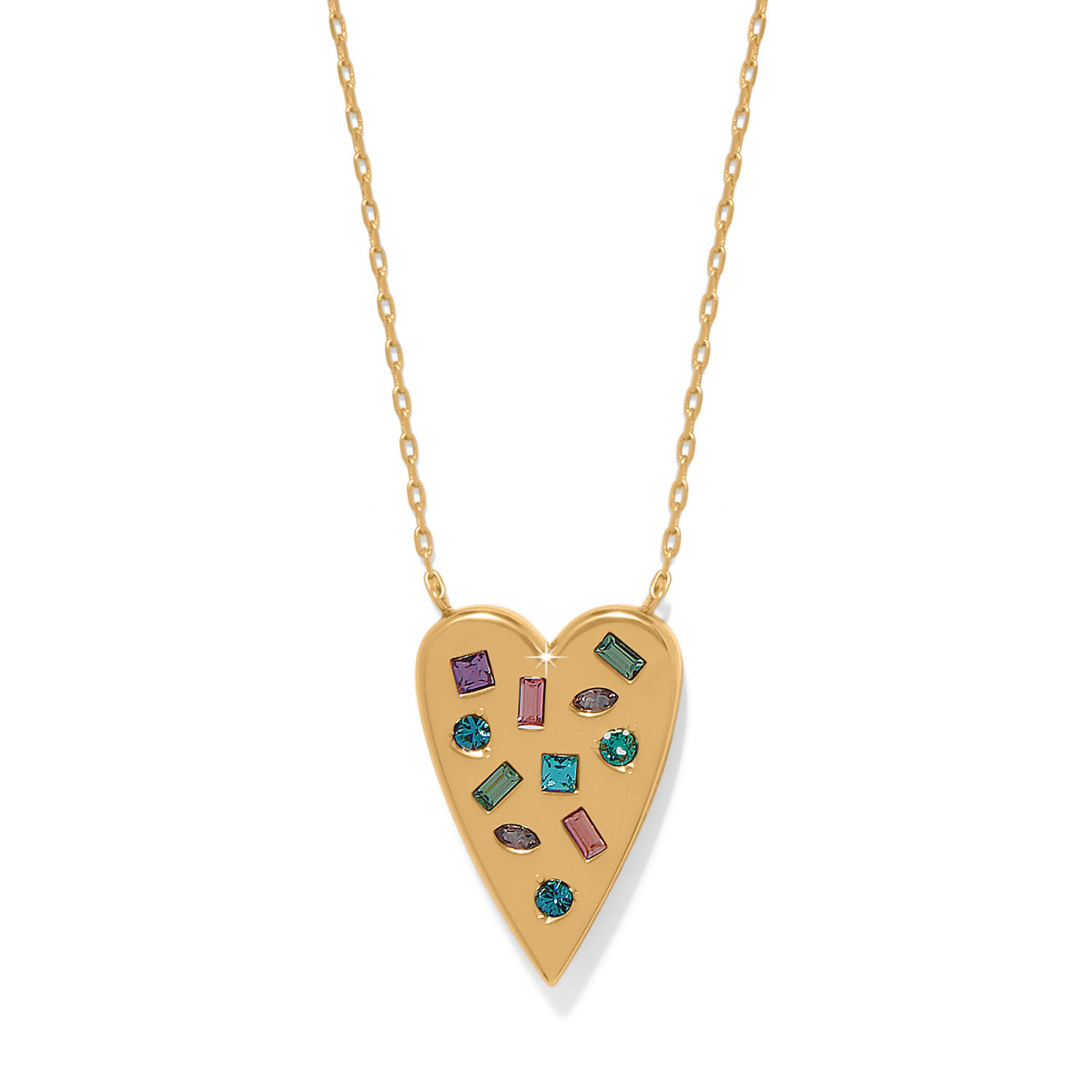 Gold-plated necklace with multi-colored crystals featuring a B Radiant pendant on an adjustable chain.