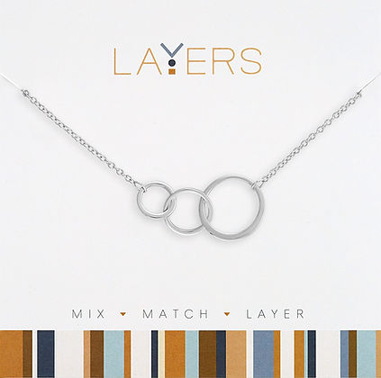 Silver Trio Open Circles Layers Necklace on a white display card with a striped border.
