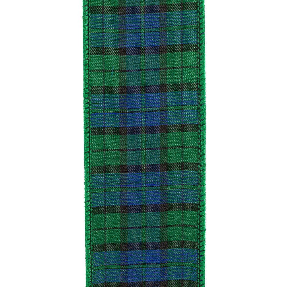 Black Watch tartan plaid wired edge ribbon in green, blue, and black.