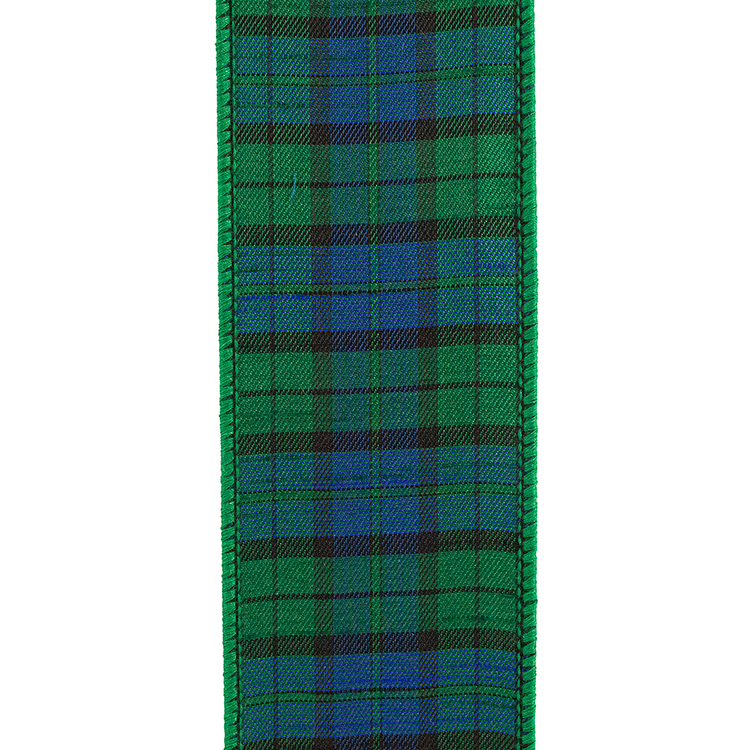Black Watch tartan plaid wired edge ribbon in green, blue, and black.