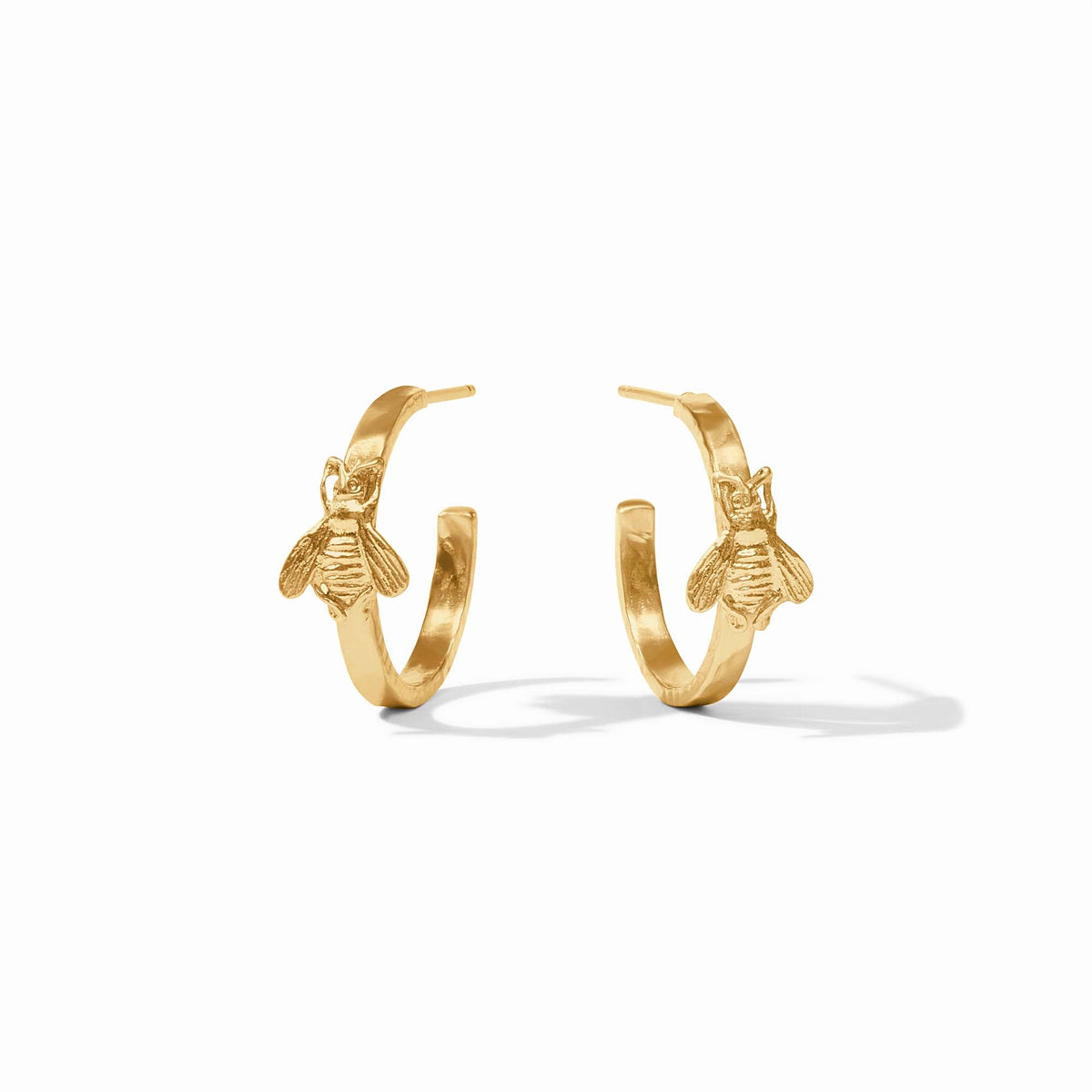 Pair of small 24K gold-plated hoop earrings featuring a detailed bee charm on each hoop.
