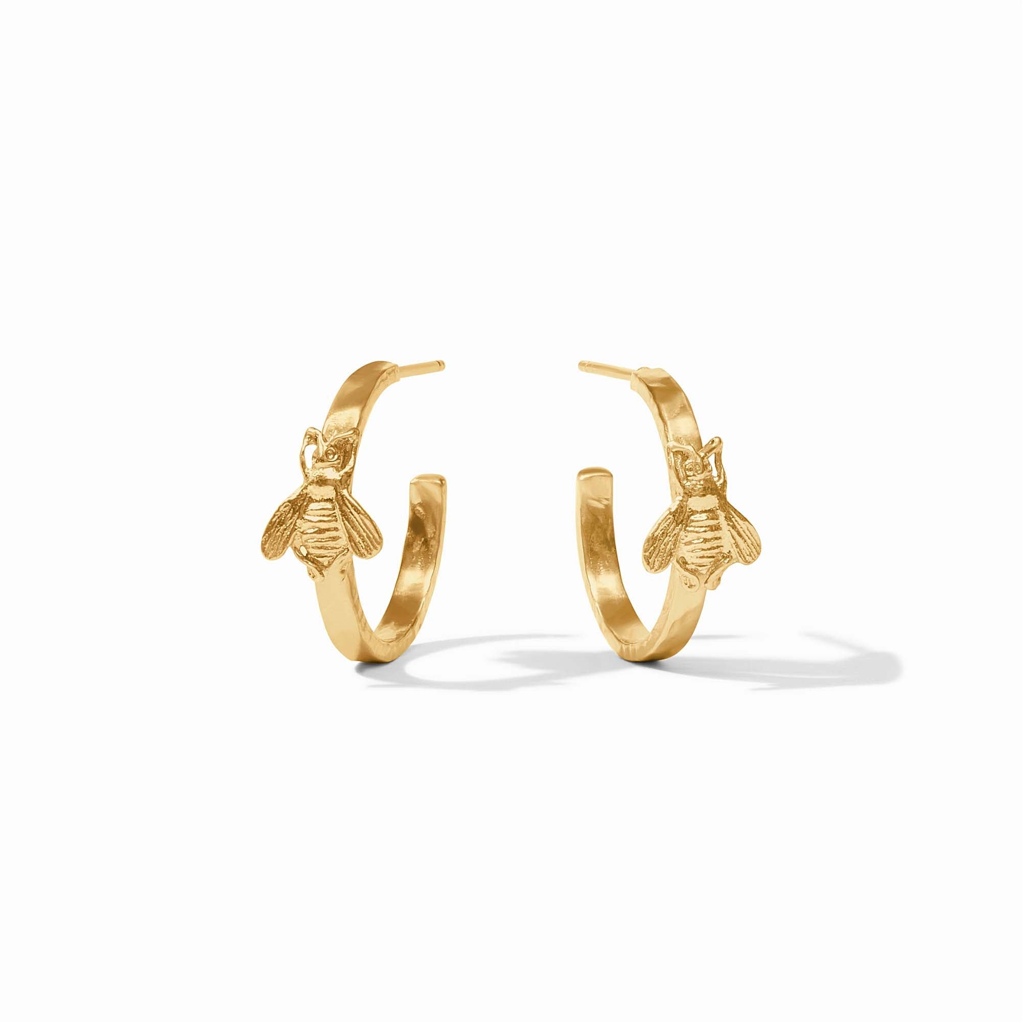 Pair of small 24K gold-plated hoop earrings featuring a detailed bee charm on each hoop.