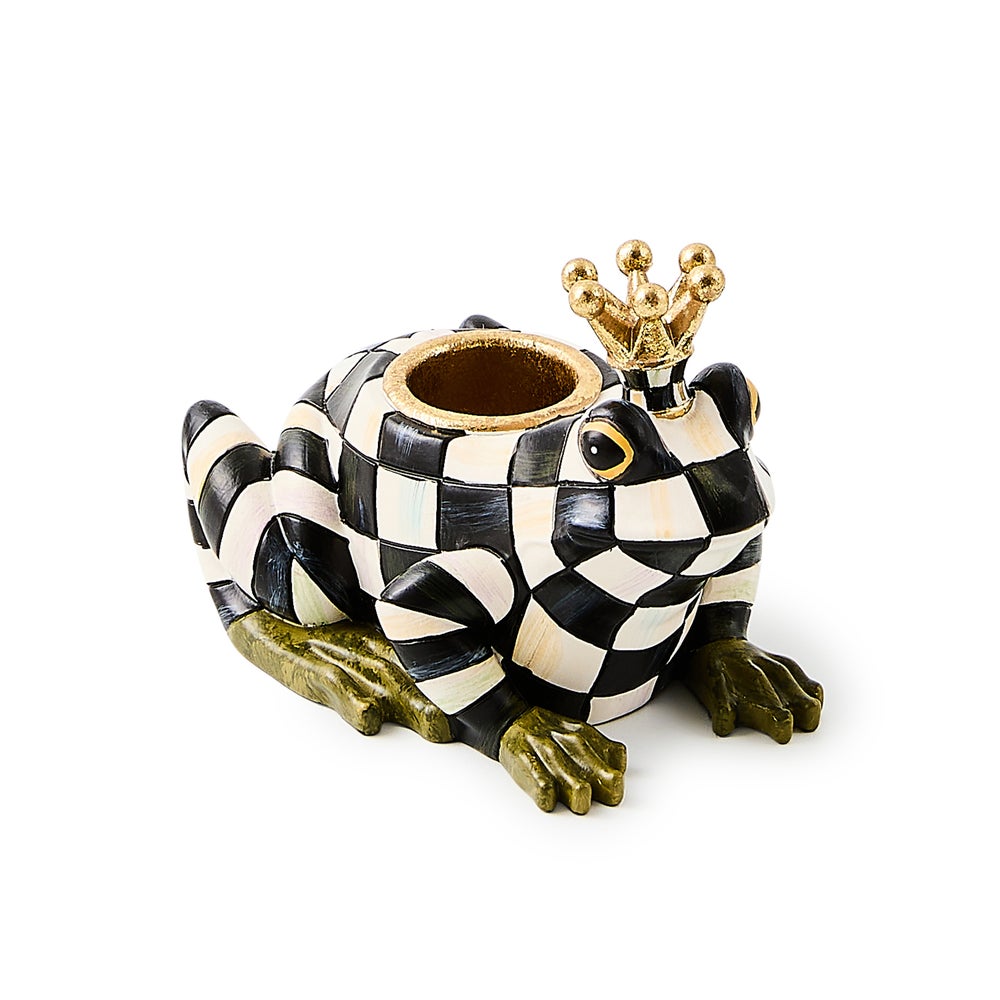 Hand-painted resin frog prince candle holder with gold leaf accents and metal cup