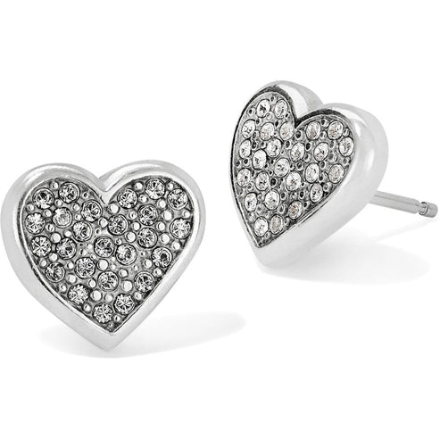 Silver plated mini post earrings featuring a fine quality crystal drop with a width of 7/8 inch and length of 3/8 inch.