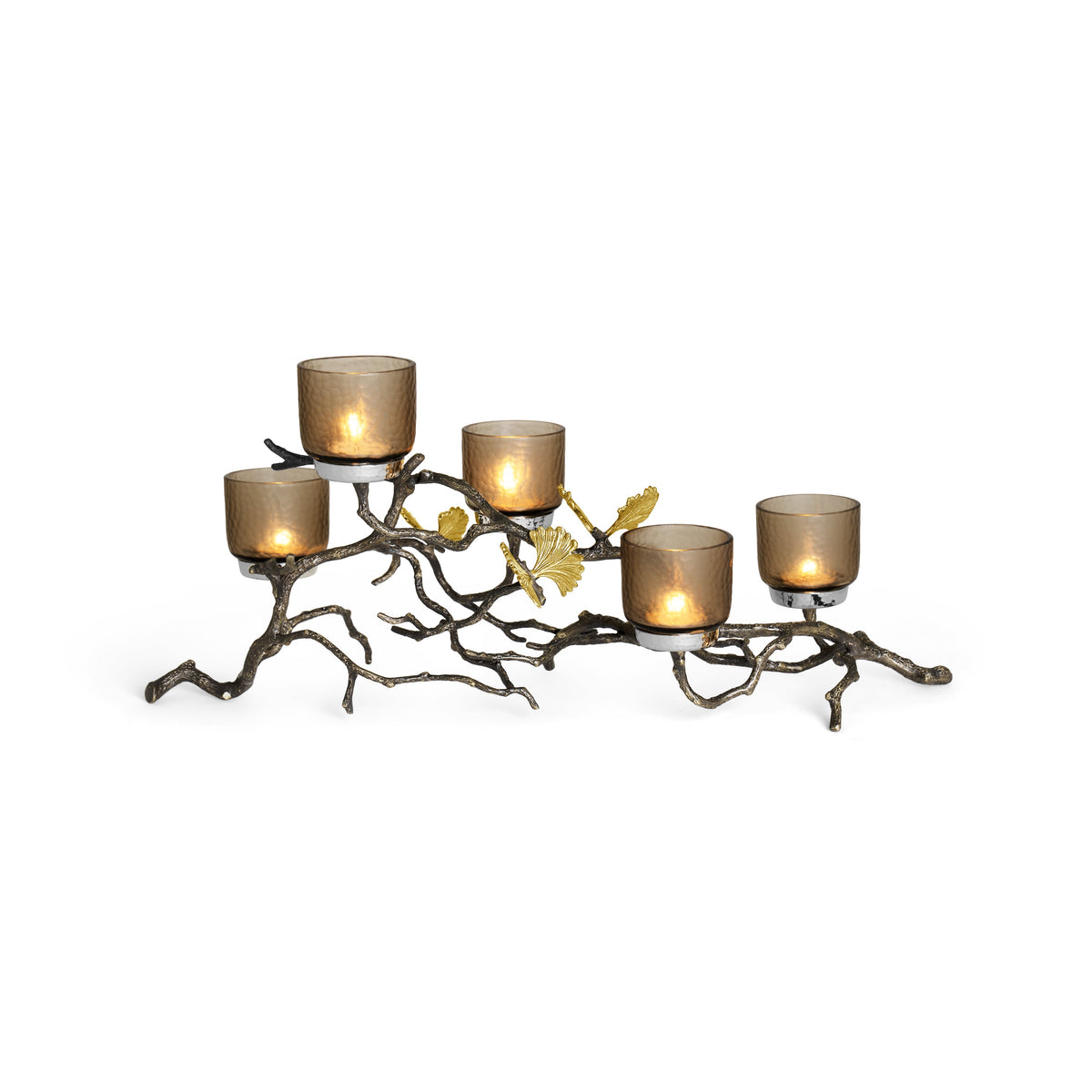 Butterfly Ginkgo candelabra in oxidized brass with stainless steel accents and glass shades.