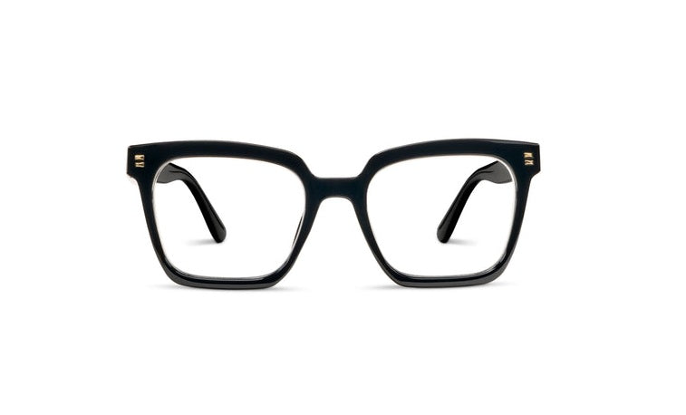 Montage Progressives black square-frame glasses with clear lenses and gold hinge accents.