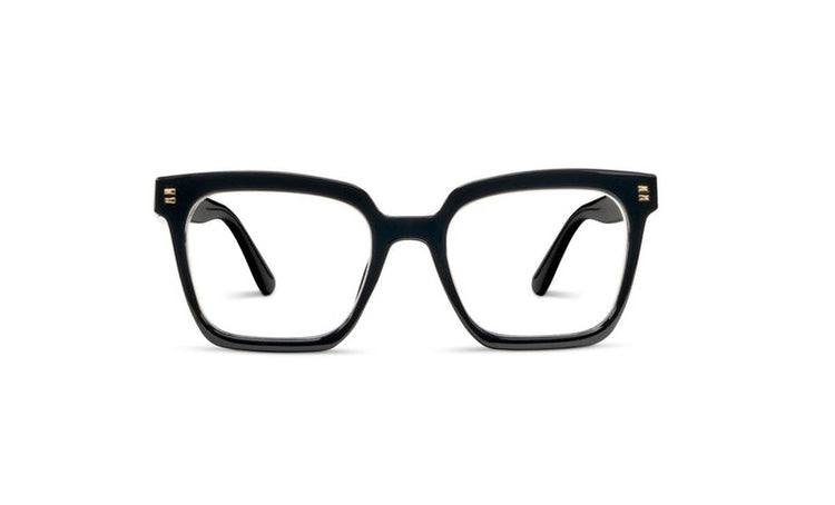 Montage Progressives black square-frame glasses with clear lenses and gold hinge accents.