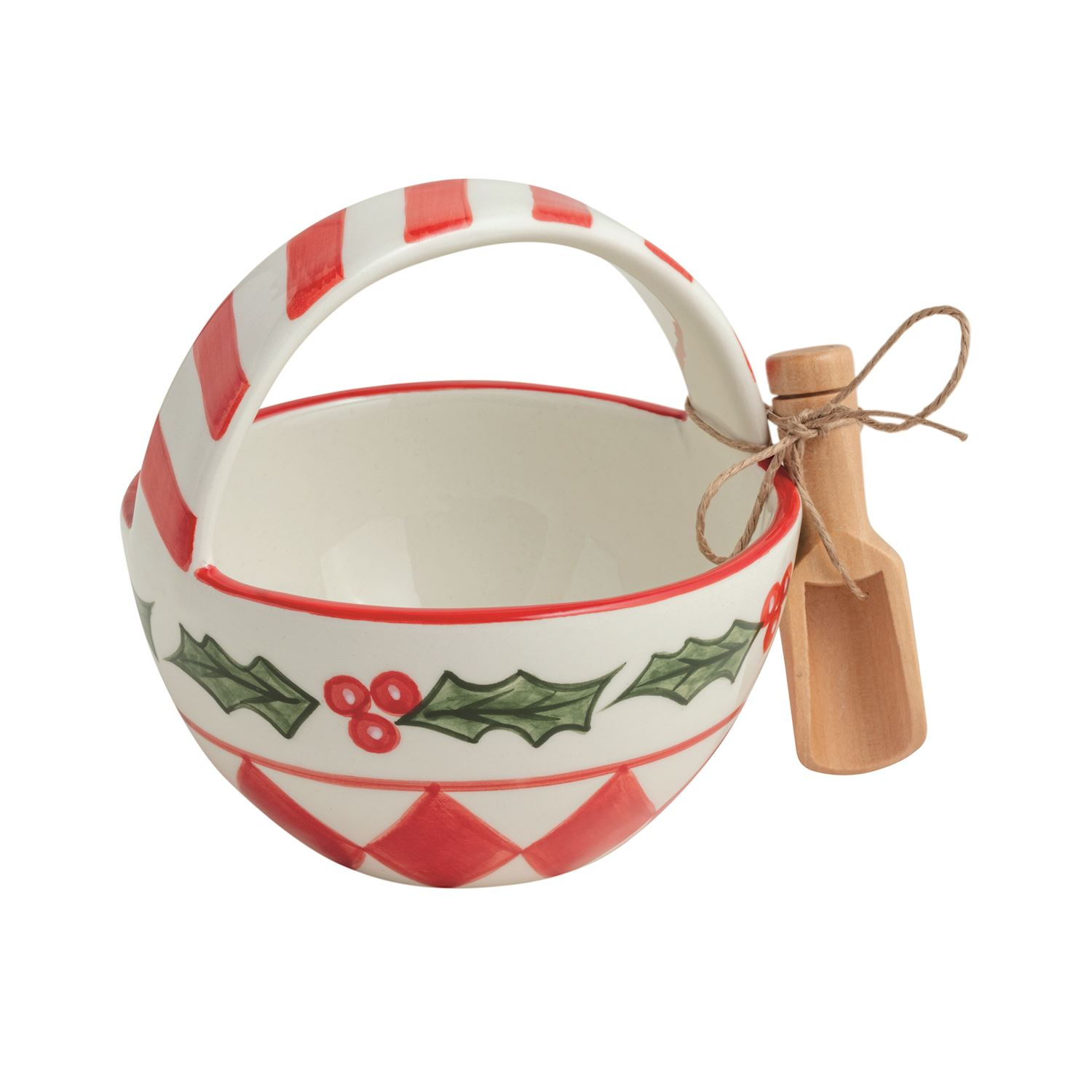 Hand-painted ceramic tidbit dish with holly design, striped handle, and a small mango wood scoop.