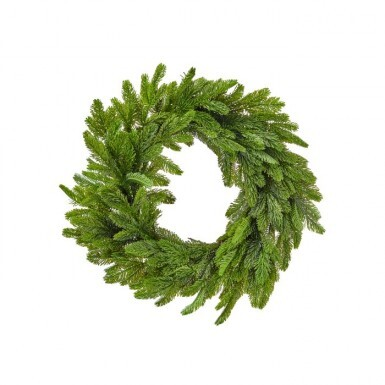 24-inch Real Touch Noble Fir Wreath with dense green evergreen needles on a white background.