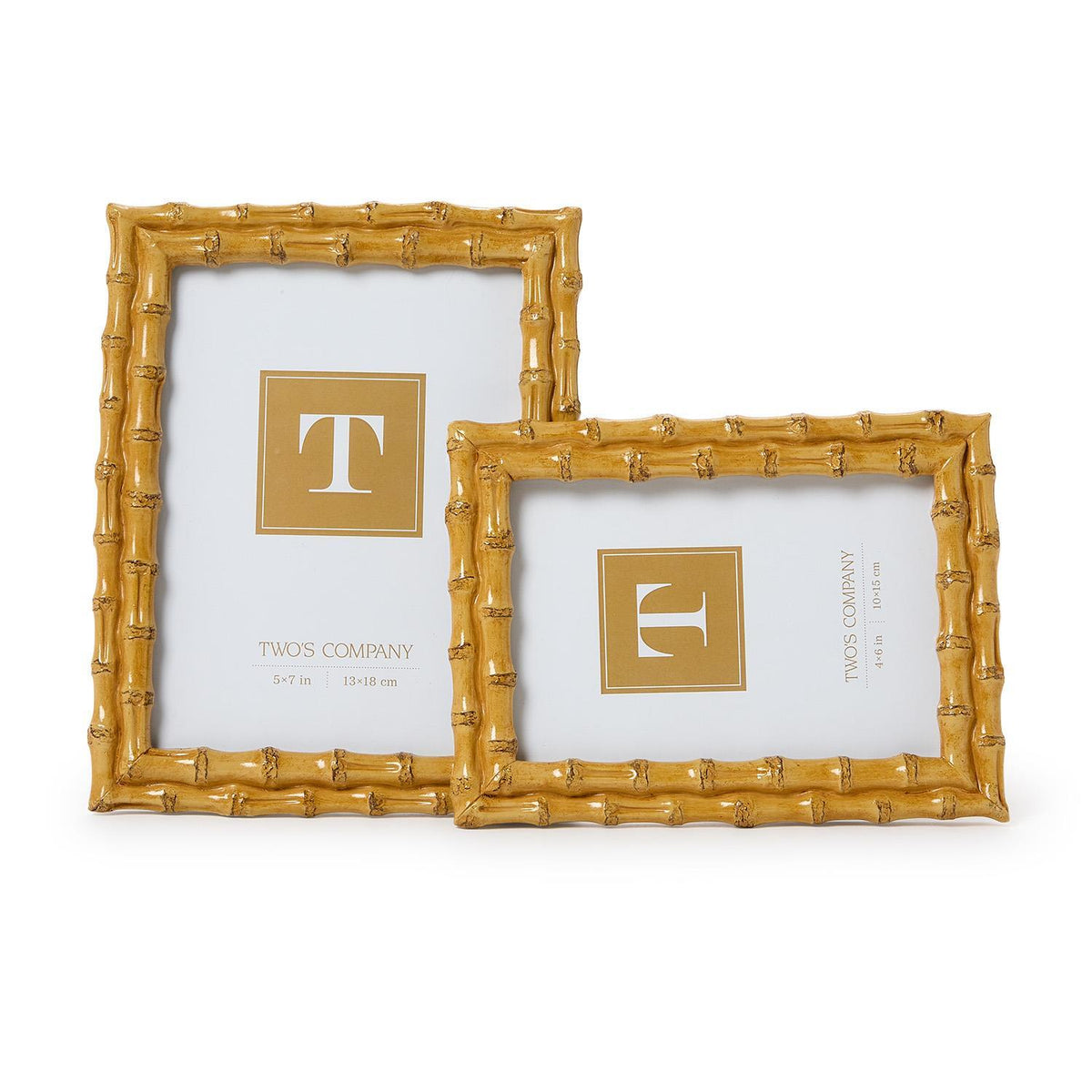 Two blonde faux bamboo photo frames in 5x7 and 4x6 sizes, made of resin with a natural wood look.