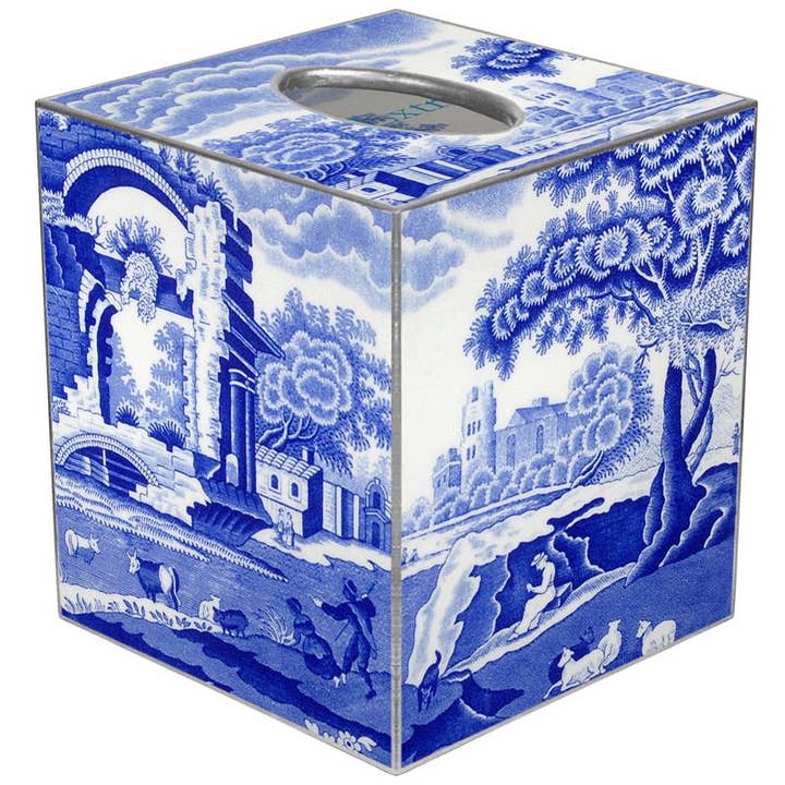 Hand-cut paper mache tissue box cover with gold-painted edges.