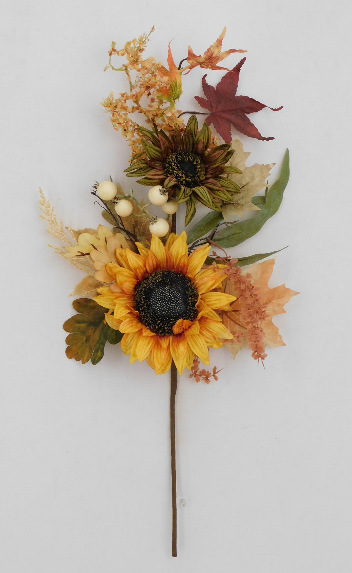 Decorative 28-inch artificial spray featuring two sunflowers, autumn leaves, and white berries.