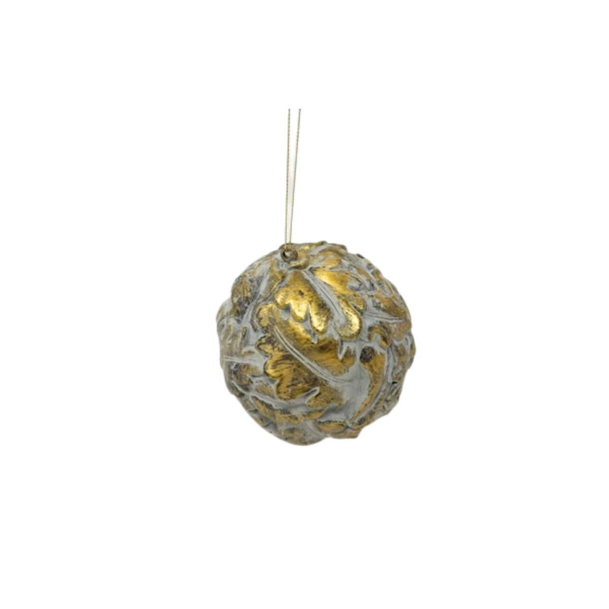 4.5-inch antique gold Christmas ornament with a textured leaf pattern and aged finish.