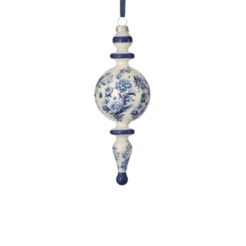 8-inch white glass finial ornament with blue floral print and blue accents.