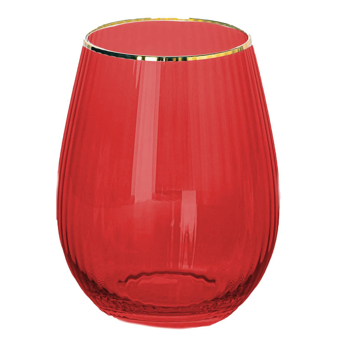 Red ribbed stemless wine glass with a gold rim.