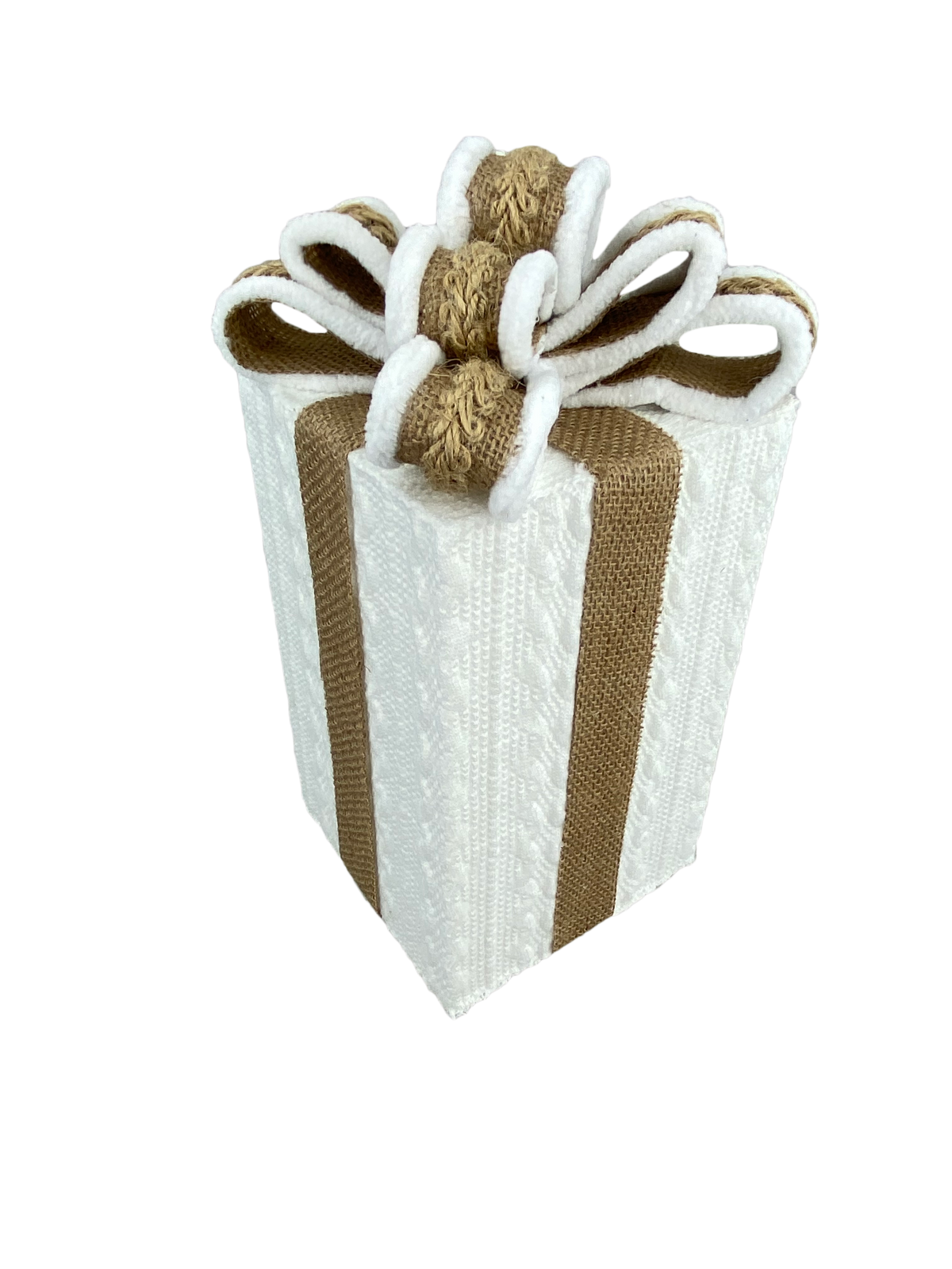 White knit gift box with brown burlap ribbon and a large bow on top.