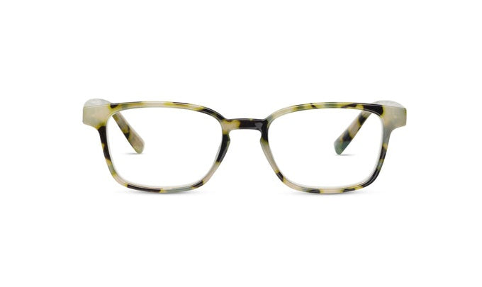 Jo rectangular tortoiseshell blue light glasses in a light green and brown pattern.