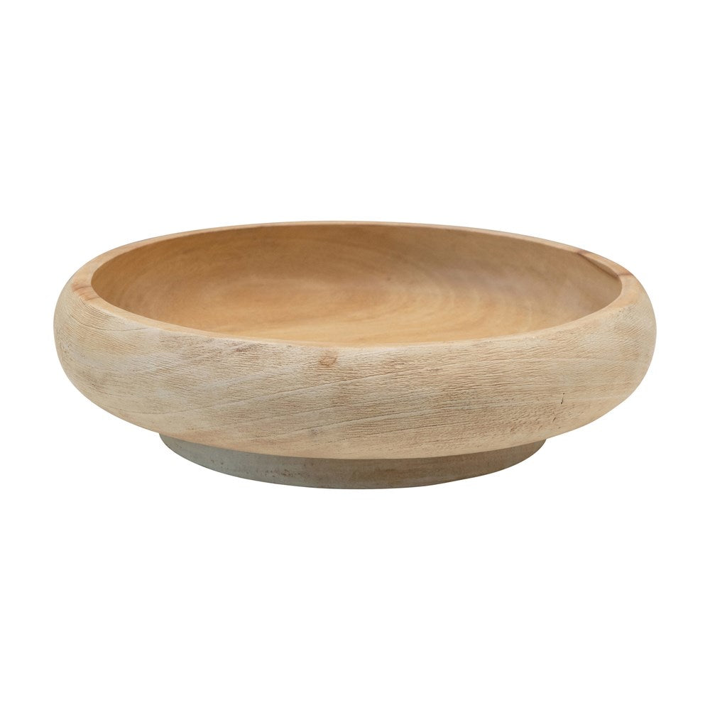 Round mango wood bowl with a natural grain finish