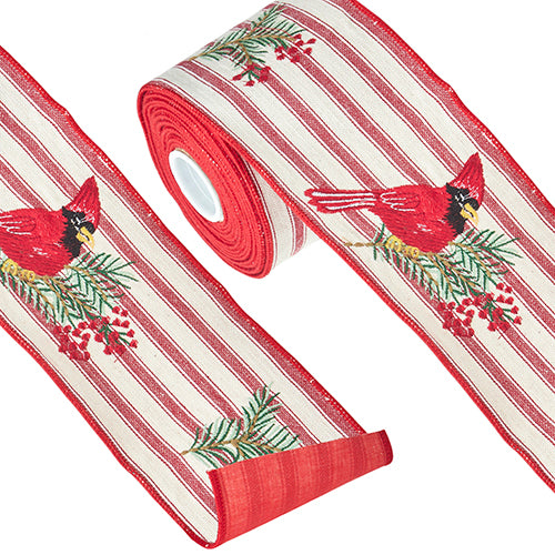 4 inch wide ticking stripe wired ribbon with embroidered red cardinals on pine branches.