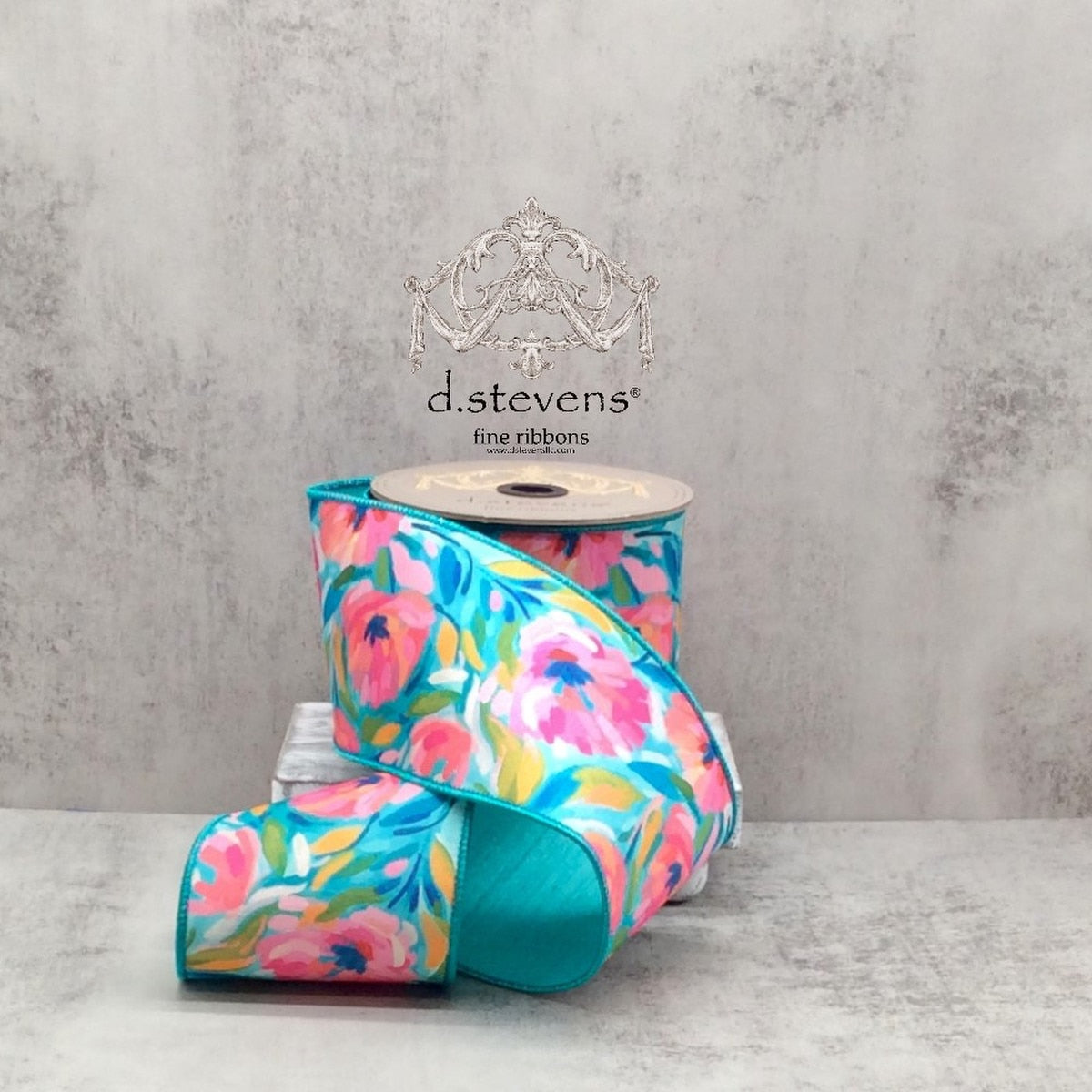 4-inch wide by 10-yard long Dupion ribbon featuring hand-drawn abstract flowers in pink, teal, golden yellow.