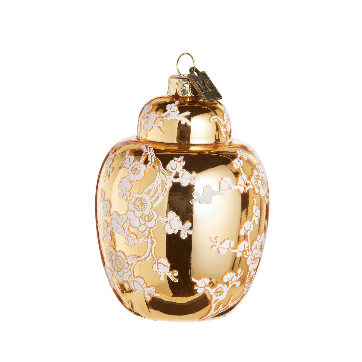 Golden ginger jar glass ornament with white floral cherry blossom pattern and metal hanging loop.