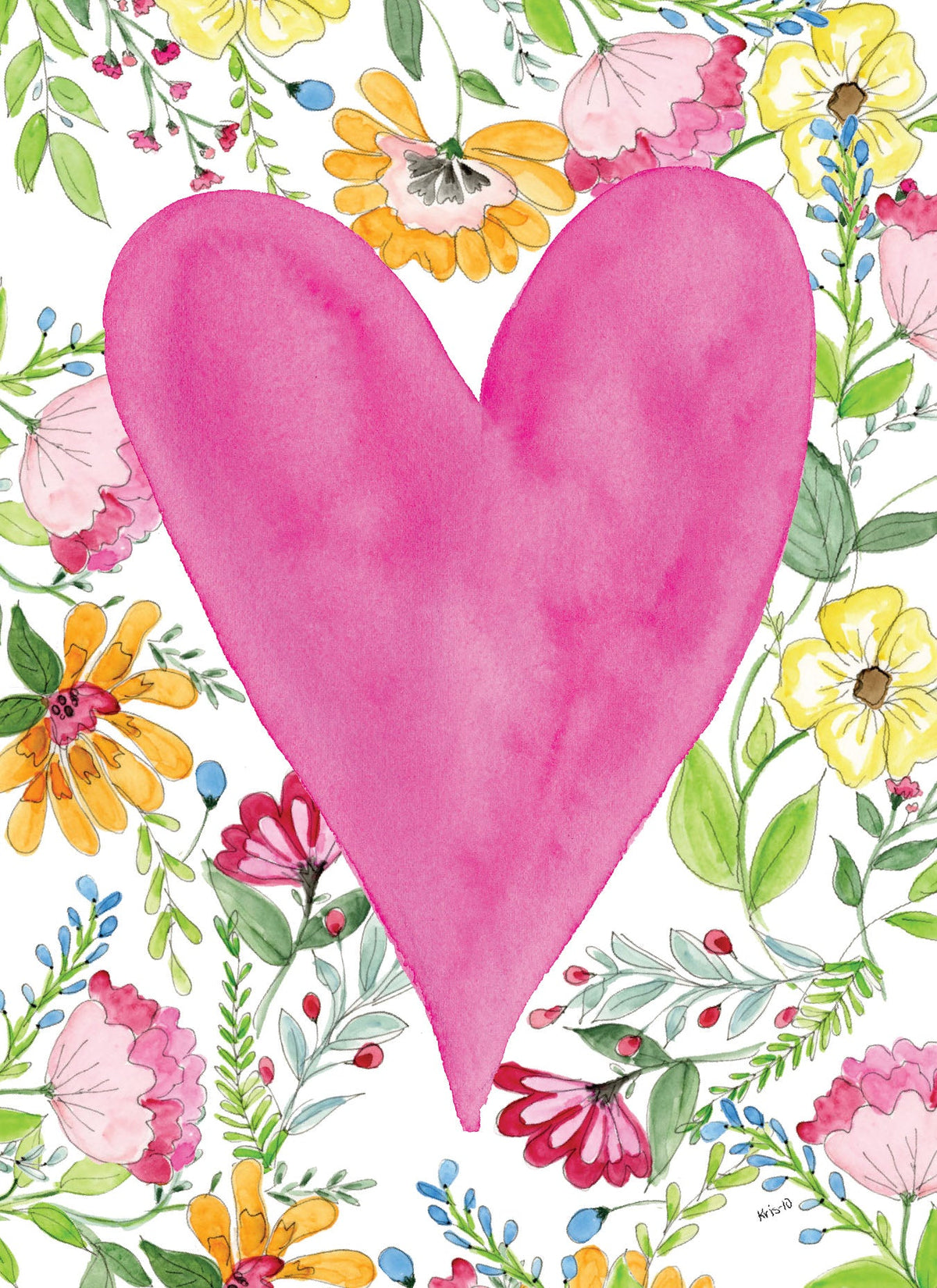 Watercolor greeting card featuring a large pink heart surrounded by colorful hand-painted flowers.