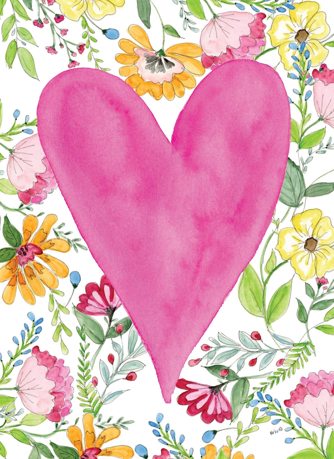 Watercolor greeting card featuring a large pink heart surrounded by colorful hand-painted flowers.