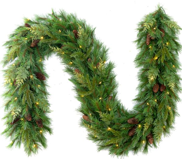 6-foot Warm White Prickly Pine Garland with Big Seed Cluster Lights and real pine cones.