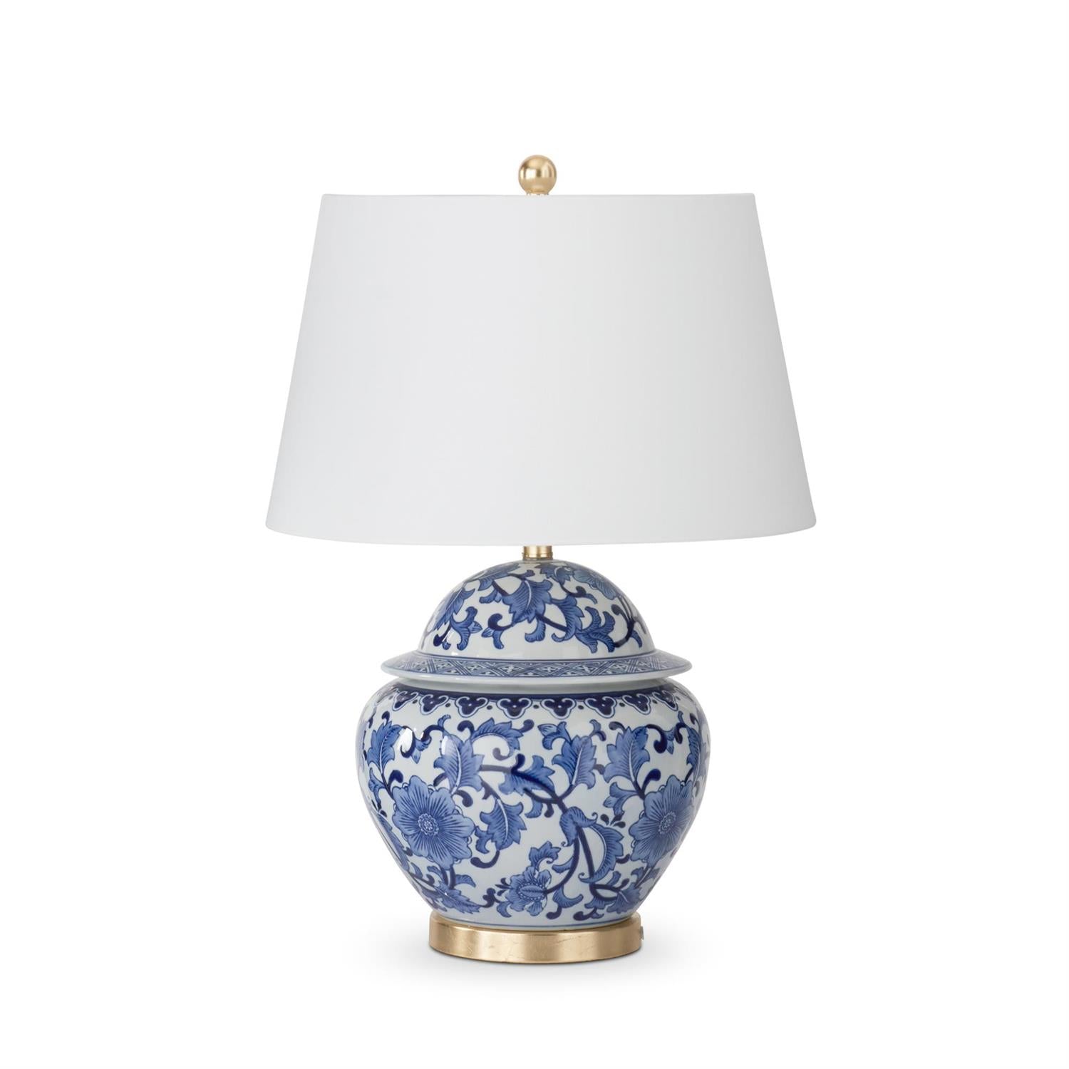 Ceramic ginger jar lamp in blue and white with a cylindrical white shade