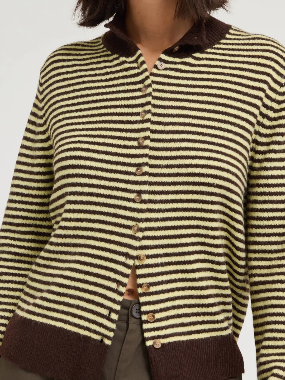Patricia 7/8 sleeves stripe sweater top in brown and yellow with a button-down front and collar.