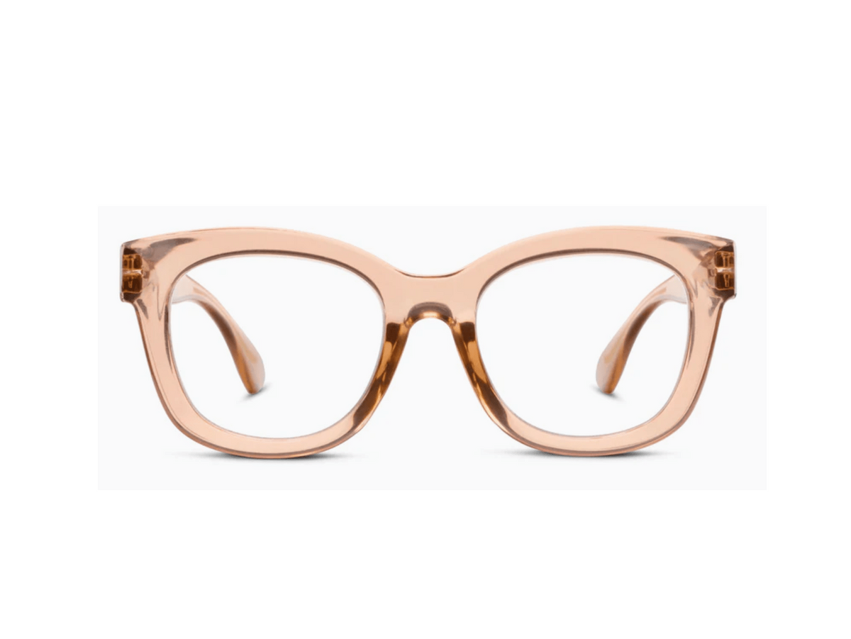 Center Stage Focus glasses with translucent peach-colored frames and clear lenses.