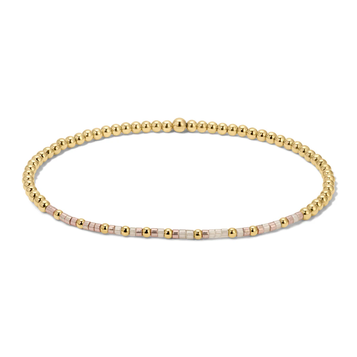 Moon and Back gold-filled beaded stretch bracelet with pink and white accent beads.