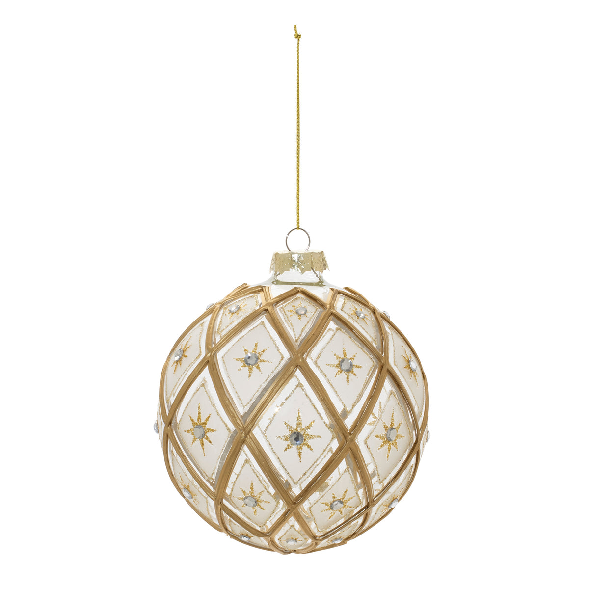 5-inch clear glass ball ornament with gold lattice design and glittery star accents.