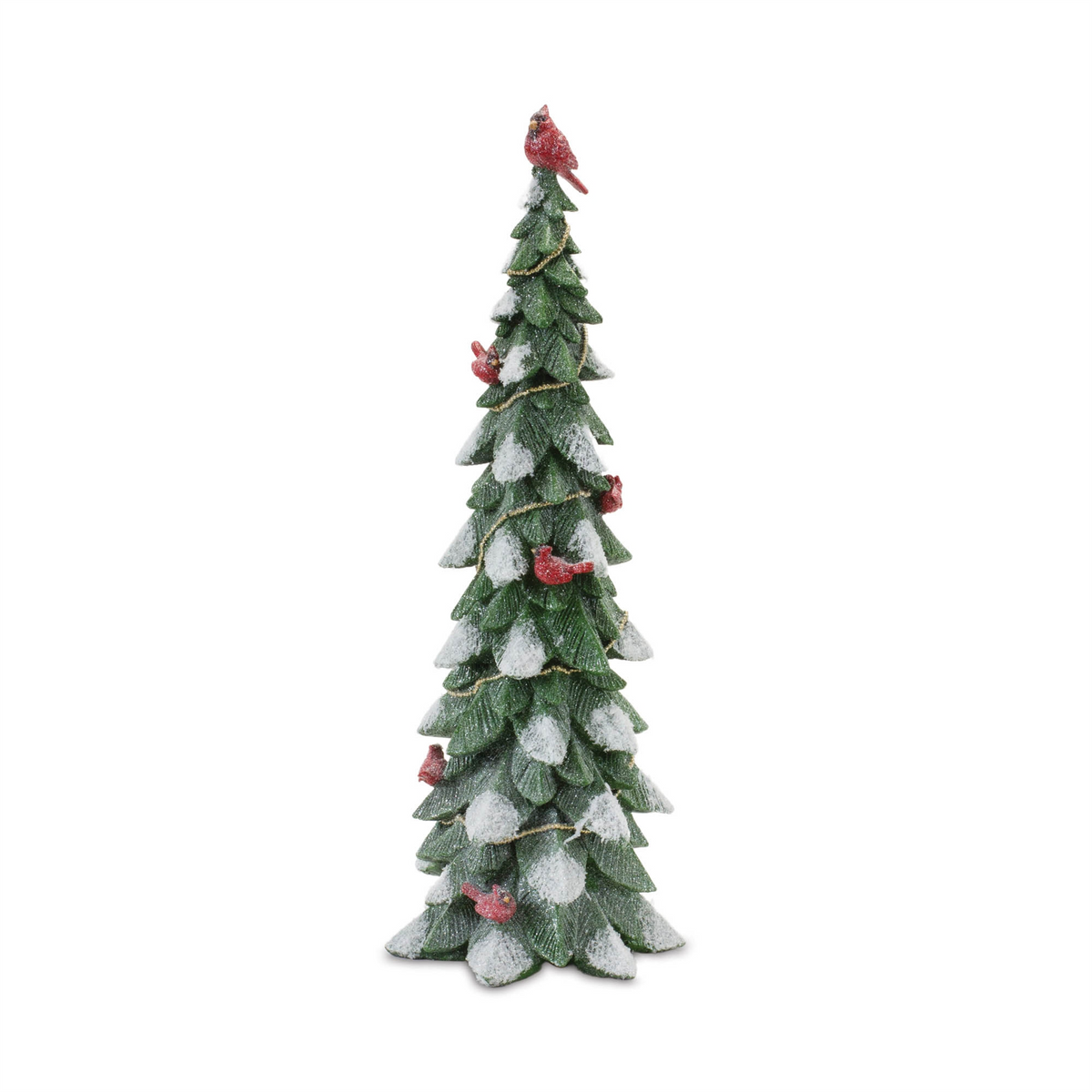 Flocked green resin Christmas tree with red cardinal bird accents and a glitter finish.