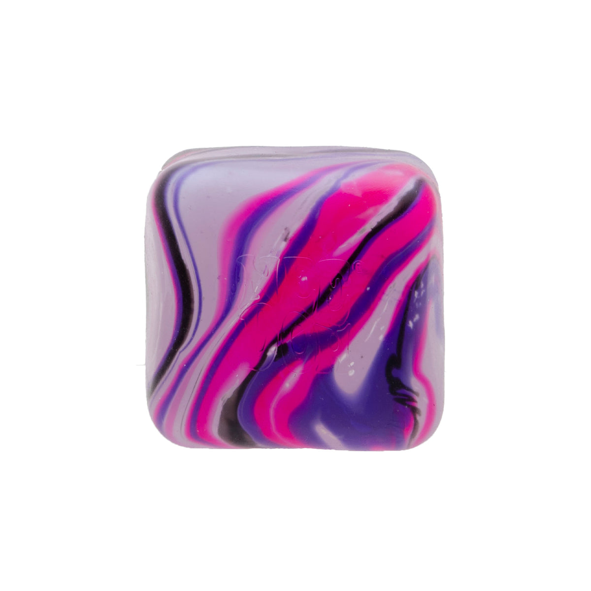 Square NeeDoh Nice Cube with a purple, pink, and black marble swirl pattern on a white background.