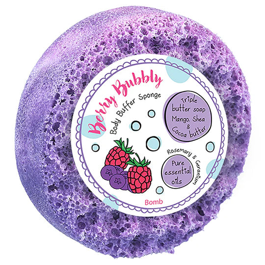 Berry Bubbly Body Buffer in a round shape with a bubbly berry-colored pattern.