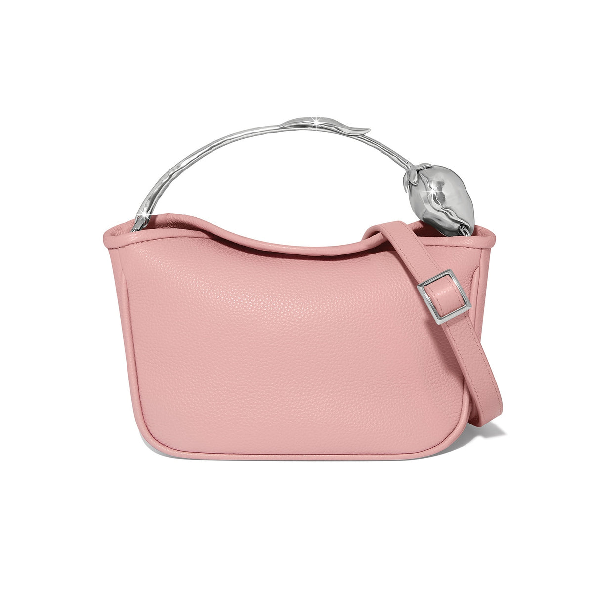 Petal pink leather La Tulipe bag with magnetic flap closure.
