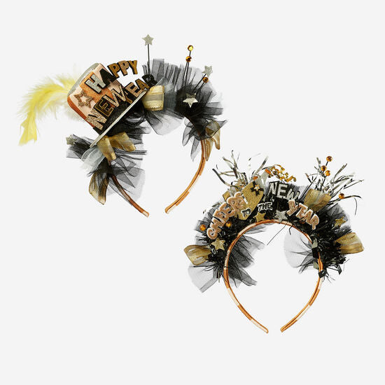 New Year headband with festive red fabric and gold sequin pattern.