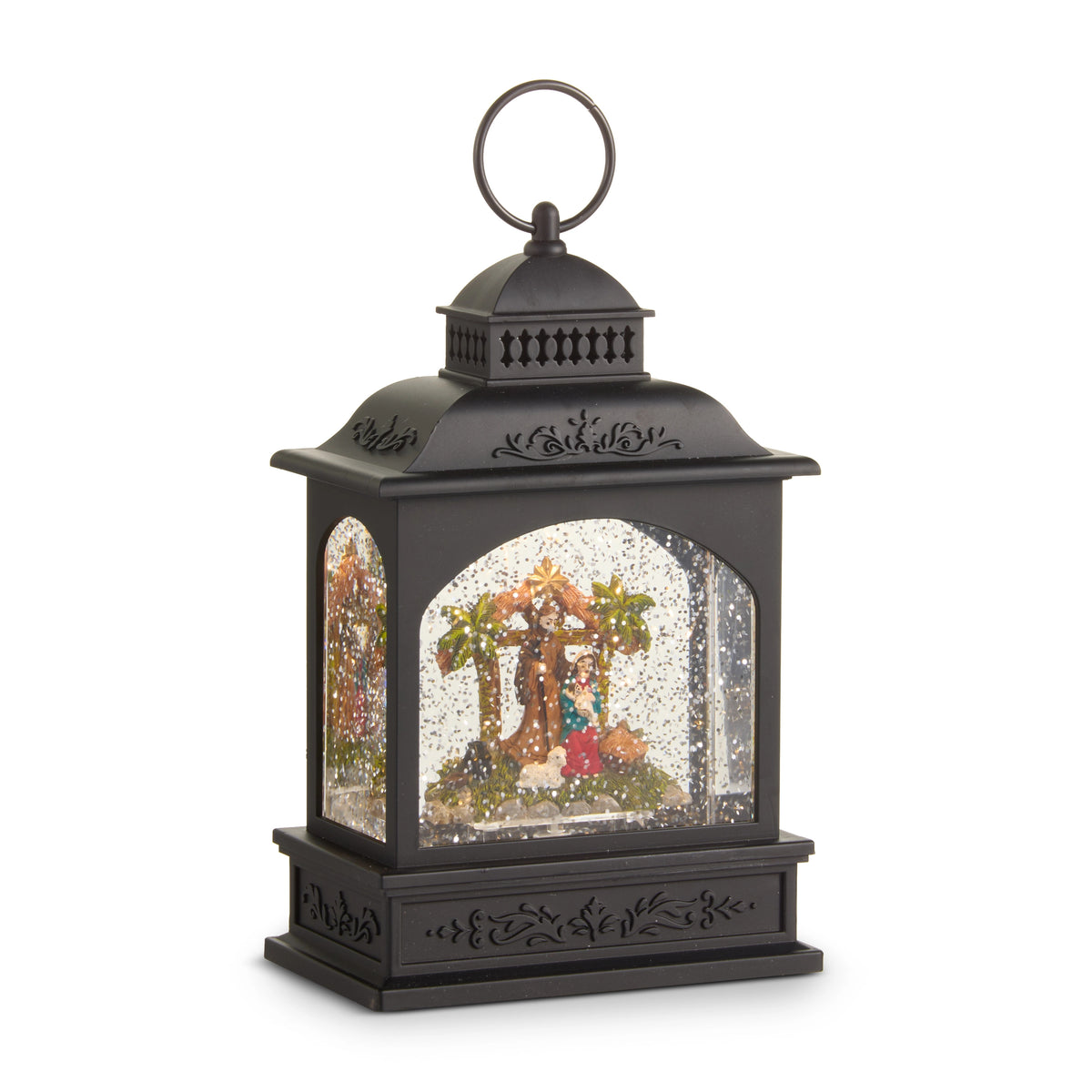 8.25-inch black lighted water lantern featuring a nativity scene with glitter and a ring handle.