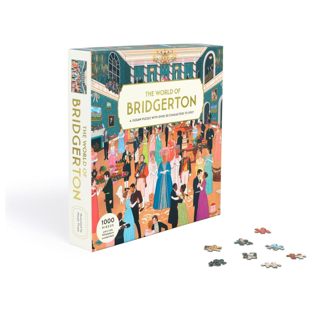 Unboxed 1000-piece puzzle featuring Regency-era Bridgerton family portraits in a blue and gold patterned box.